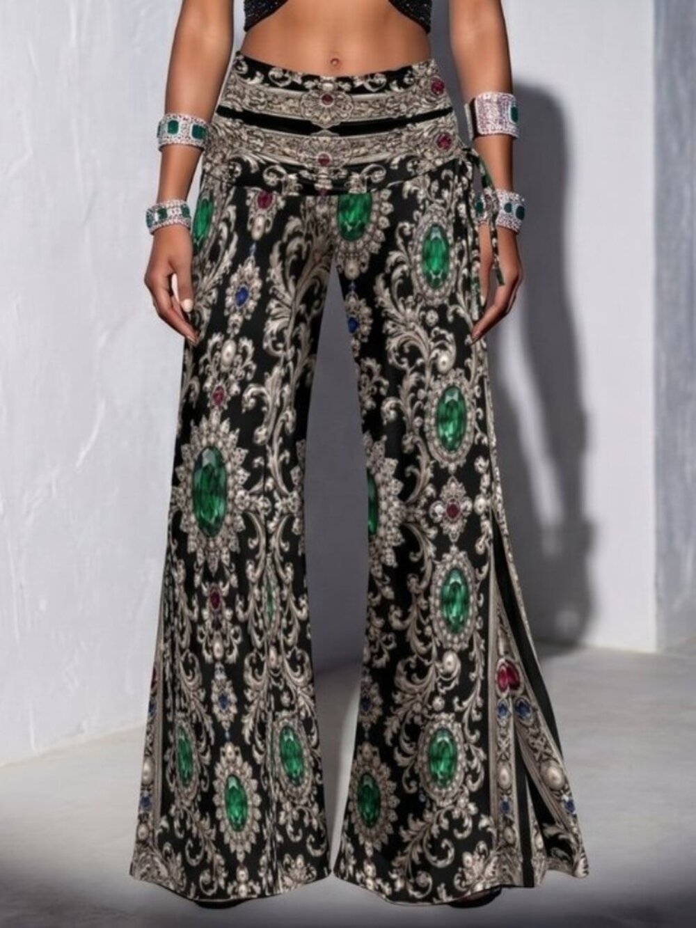 Baroque Emerald Gemstone Wide Leg Pants Leggings Flare Size Large Tall Palazzo